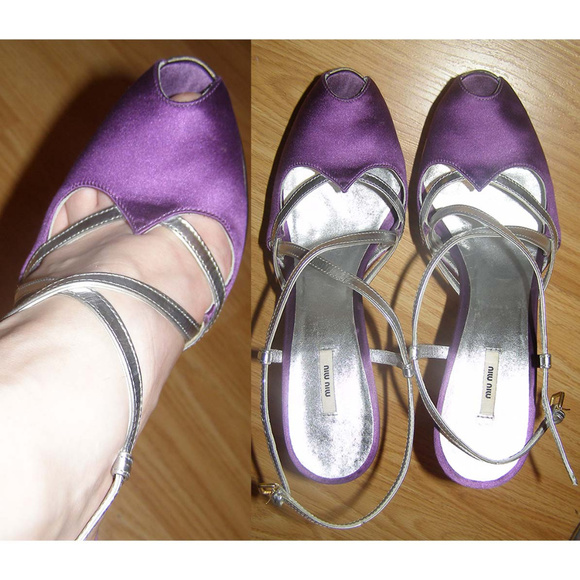 💜 NIB sz 8.5/39 MIU MIU purple satin platform heels peep toe - Picture 5 of 9